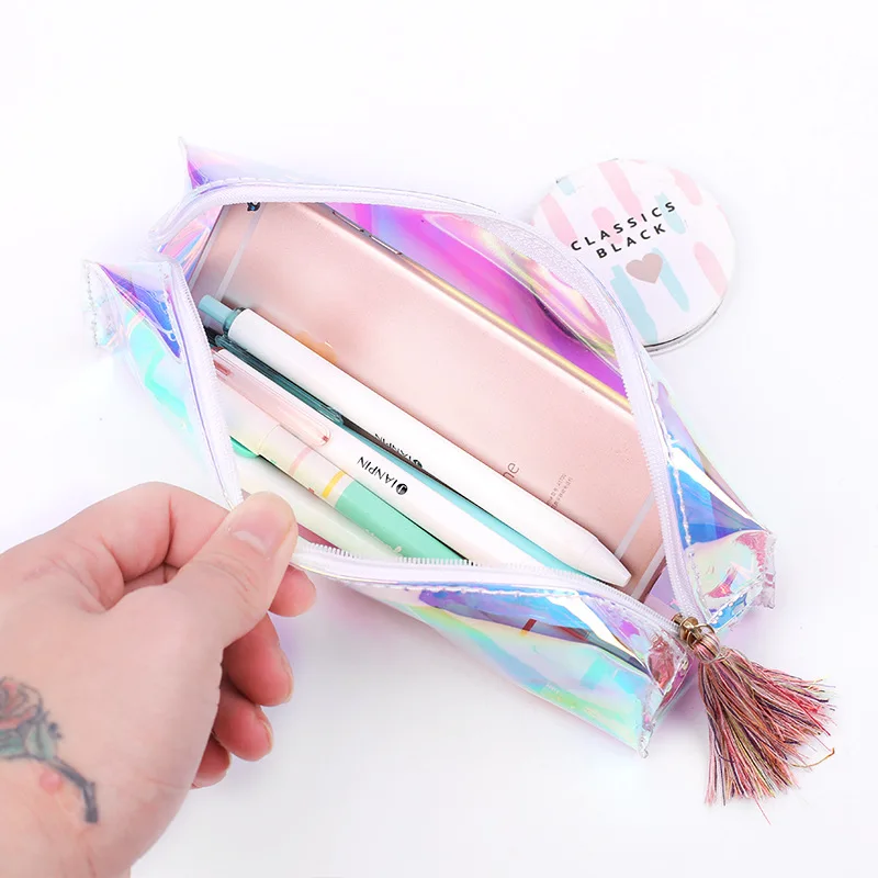 

20PCS Laser Clear PVC Cute School Supplies Pencil Case Tassel Kawaii for Girls School Cosmetic Bag Women Office Supplies Escolar