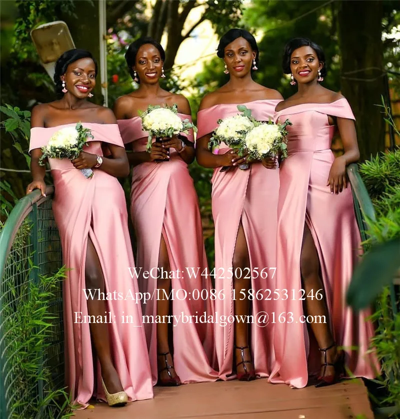 

Sexy Pink Plus Size Bridesmaids Dresses 2019 Off Shoulder Cheap Simple Long Satin Country Wedding Guest Gowns Maid Of Honors