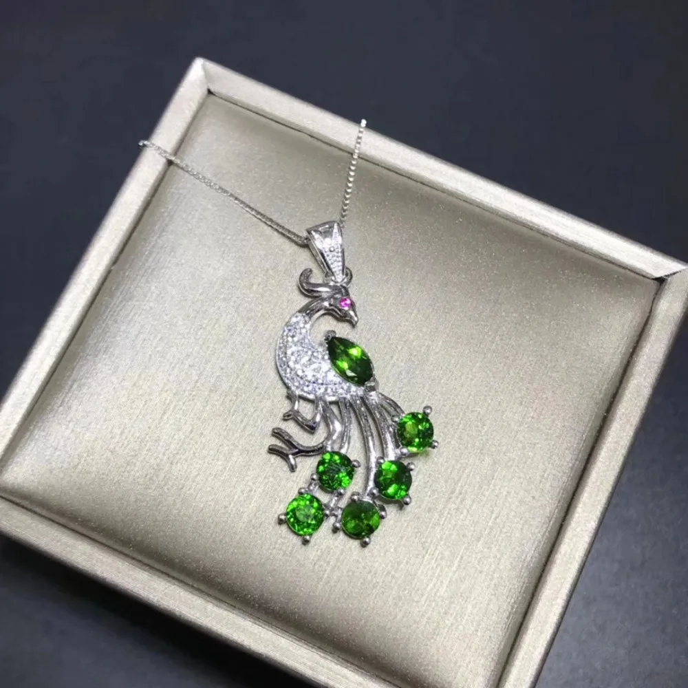  Naturel vert diopside gem élégant beau paon pendentif naturel pierre gemme pendentif collier S925 a