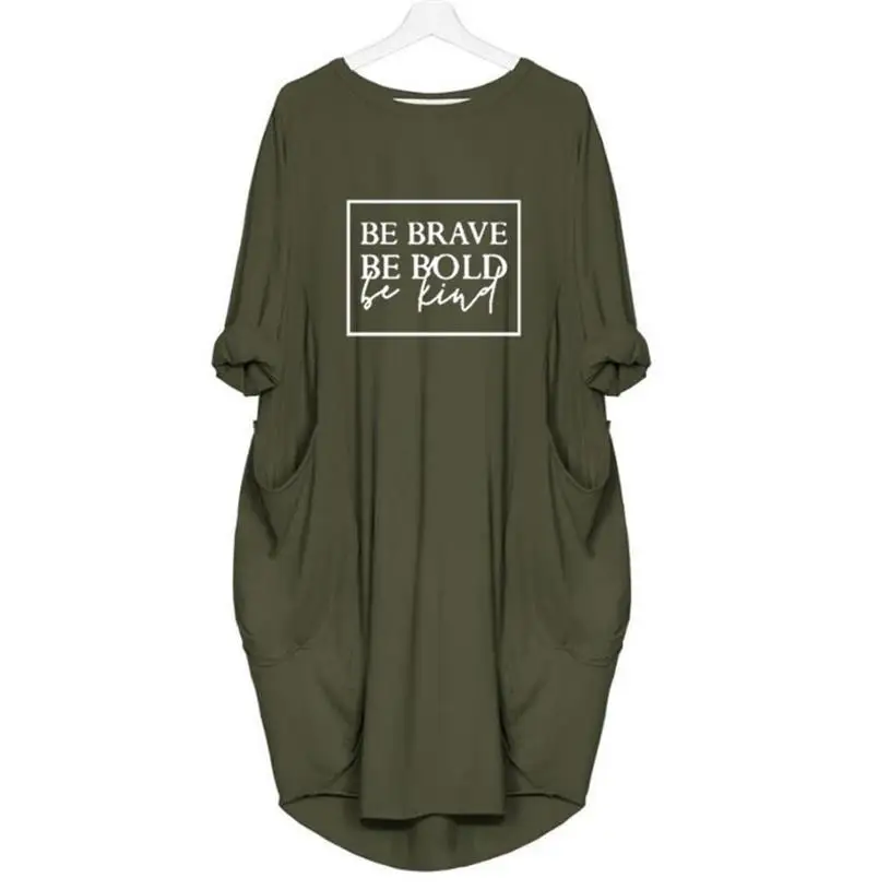 Модная футболка для женщин с надписью Be Brave, с карманами, Топы Harajuku размера плюс, футболка для женщин, забавные хлопковые футболки с графикой для женщин - Цвет: Green