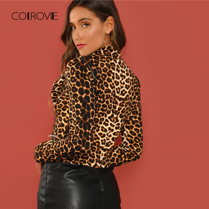 COLROVIE Leopard Print Asymmetric Zip Biker Crop Winter Jacket Women Coats 2018 Streetwear Casual Fashion Office Ladies Outwear