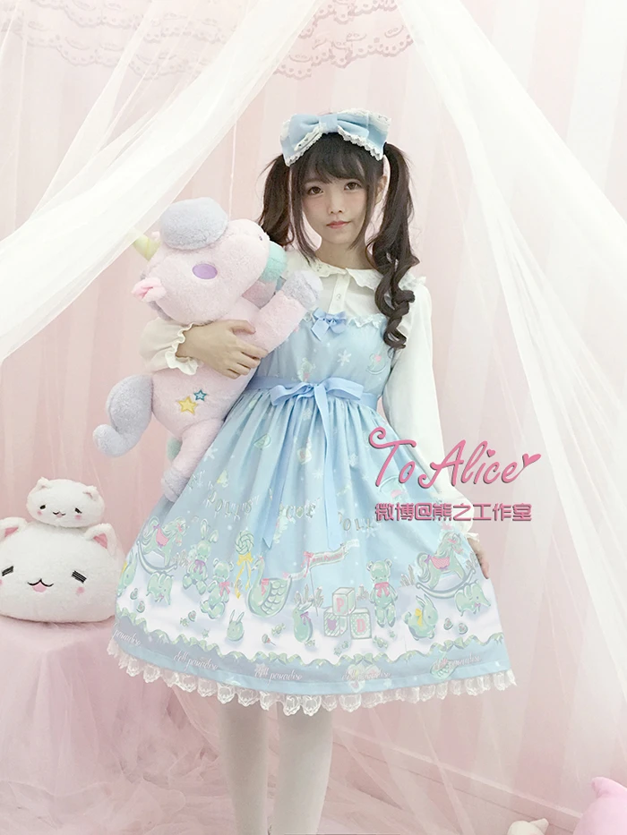 Lolita Dress Cute Ice Doll Snowflake JSK Lolita Dress Fairy Kei Sleeveless Sashes Bear Lace Trim Bows Fancy Dolly Dress Navy Blue & Sky Blue