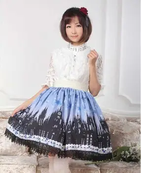 

Lolita Blue and Back Gothic Church Printed Lace Lady's Elastic Waist Skirt