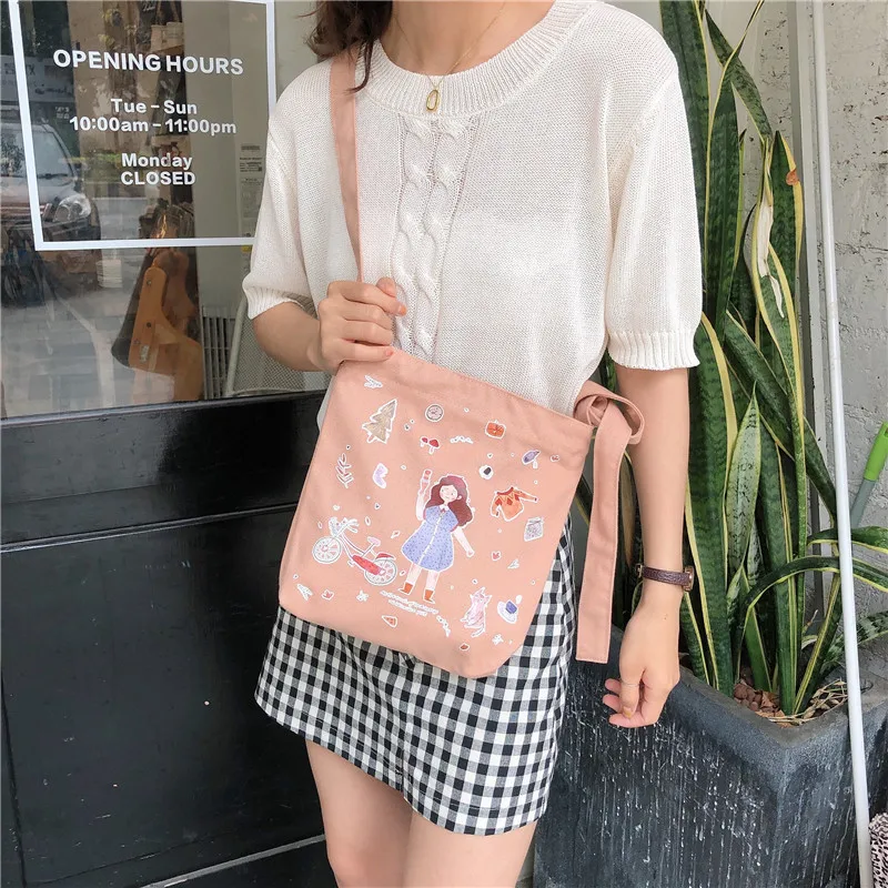 

2019 New Fashion Women Crossbody Bags Cartoon Printing Fashion Canvas Flap Wild Small Fresh Literary Summer Shoulder Bags