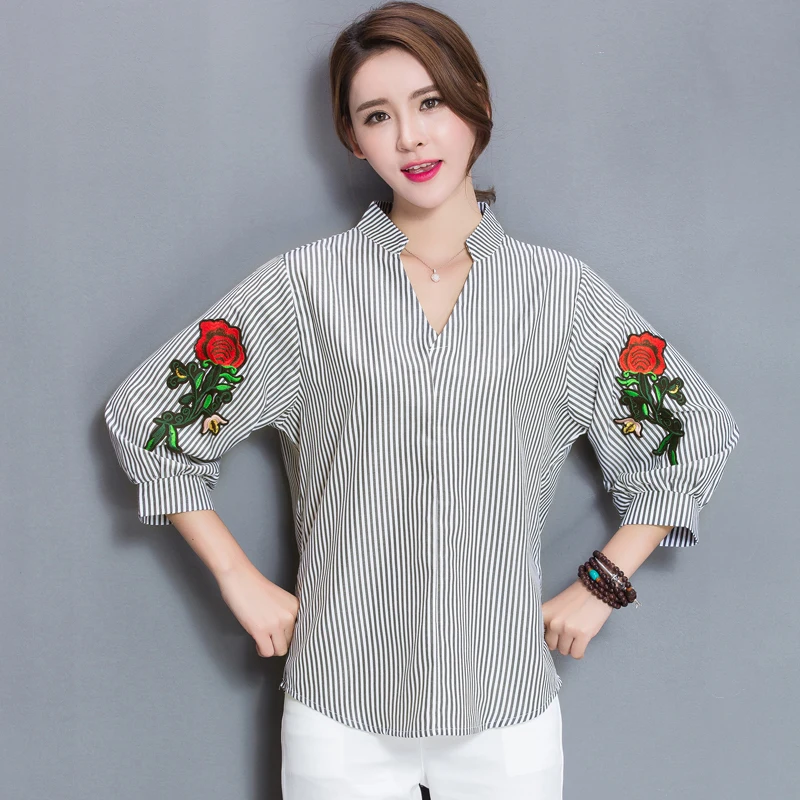 

Blouses Fashion Strip V-neck Women Blouse Floral Embroidery Female Blouses Puff Sleeve Blouses Loose Shirt Tops Plus Size