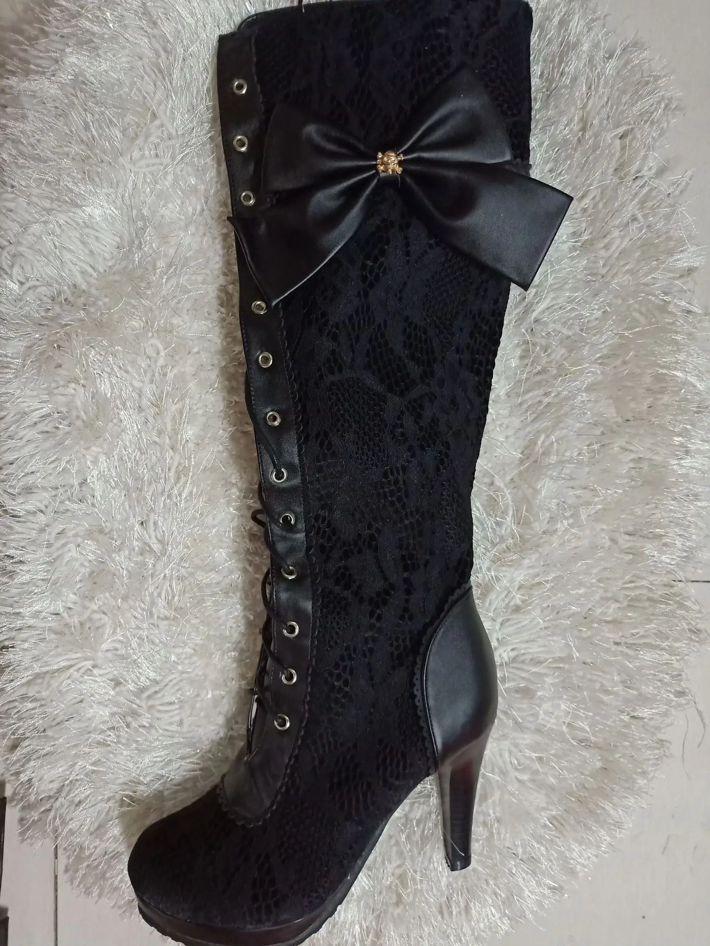 

Ladies Lace Up Bandage Long Motorcycle Boots Shoes Riding Party Boots Plus Size 34-43 Women Lace Bow Knot High Heels Boots Shoes
