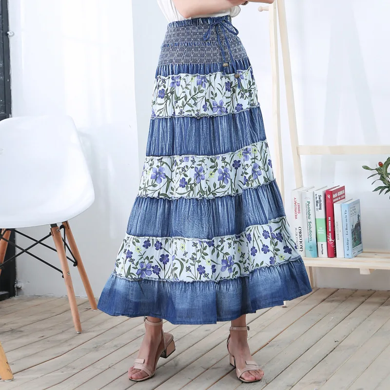

Woman Vintage Long Denim Skirt 2019 New Spring Summer Woman Nation Style Floral Print Patchwork Denim Maxi Skirts for Women