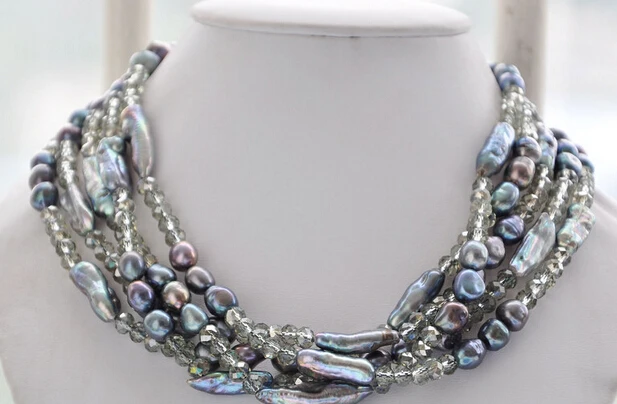 Miss charm Jew1518 5strands 10mm faceted crystal baroque biwa black gray pearl necklace 18inch AAA