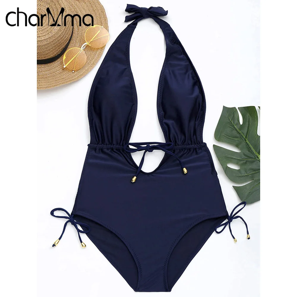 CHARMMA Halter One Piece Swimsuit Solid Women Sexy Backless Low Cut Drawstring Swimwear Bathing