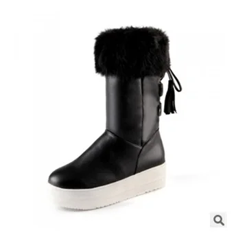 Дамская плюс size42 43 дизайнер теплая плюшевые мягкие кролик волос снега кисточка зима мода med-каблуки средний-икры ботинок квартир женщин - Цвет: black