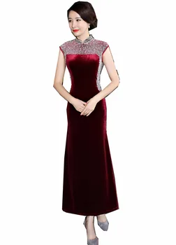 

Shanghai Story chinese traditional dress Velvet Long Qipao chinese style Sleeveless Pearl Cheongsam dress Oriental Style Dress