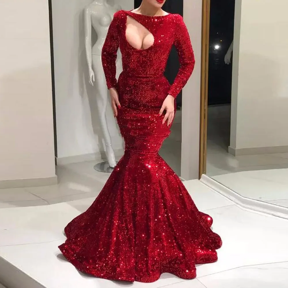 

Sexy Mermaid Red Prom Dresses Long 2019 Full Sequined Long Sleeves Prom Party Gowns Dubai Saudi Arabic Evening Gown