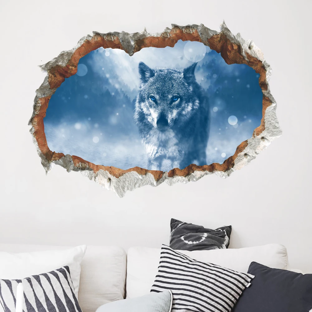 Наклейки на стену с изображением снежного волка, 3D яркие разбитые настенные наклейки, плакат, Фреска для гостиной, спальни, домашний декор
