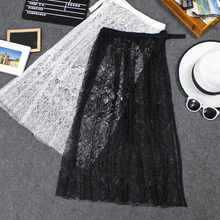 Женские Прозрачные Пляжные длинная юбка летний корейский дамы Boho пикантные прозрачные кружева повязку выдалбливают Белый Черный миди юбки
