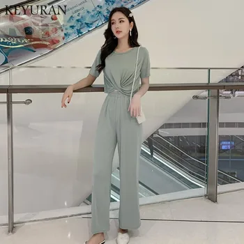 

summer new women's casual fashion cotton V-Neck tops + elastic waist wide leg pants trousers two piece set womens tracksuit set