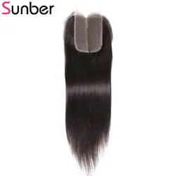 Sunber волосы продукты перуанские прямые кружева закрытия свободный Средний три части 4 "x 4" топ закрытия 10-20 дюймов парик из волос Реми