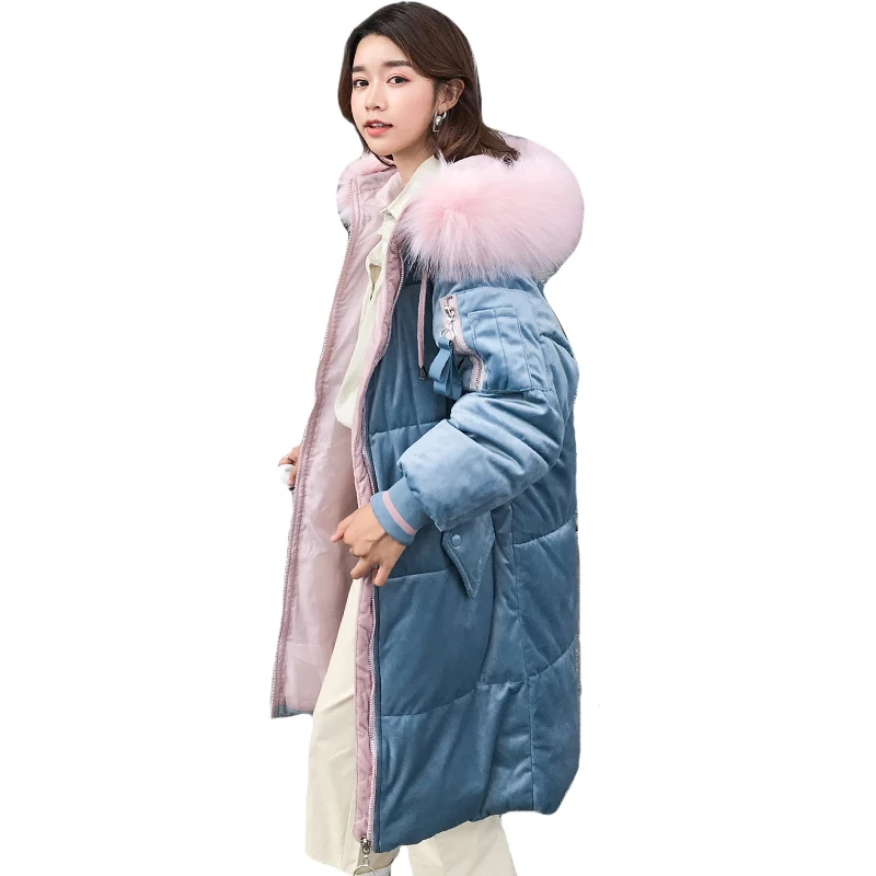Высококачественная женская зимняя куртка бархатная с меховым капюшоном теплая плотная парка длинное пальто парки с хлопковой подкладкой