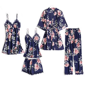 

5 pcs pajamas for women flower print pajamas set home suit sleepwear autumn sexy clothing homewear shorts+pants+sling+robe
