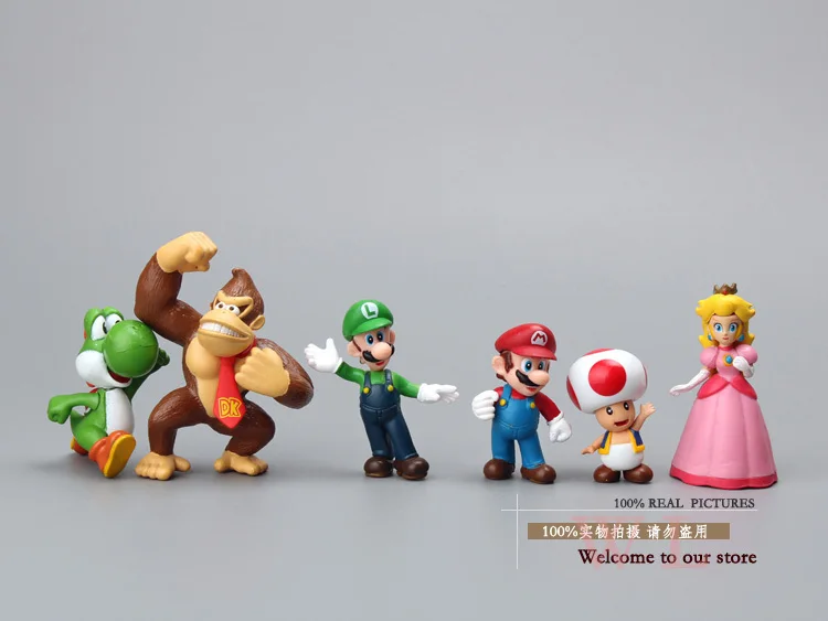 Free Shipping Super Mario Bros Peach Toad Mario Luigi Yoshi Donkey Kong PVC Action Figure Toys Dolls 6pcs/set New in Box SMFG218