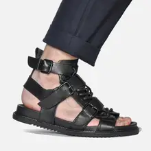 Летние Для мужчин сандалии из натуральной кожи Туфли без каблуков с высоким верхом на шнуровке Повседневная обувь с открытым носком с перекрестной шнуровкой на платформе мужской вырезы Мокасины