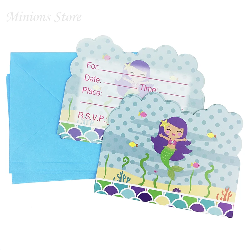 

12pcs/lot New Little Mermaid Cartoon Invitation Card with envelope Children Girls favors Happy Birthday party supplies&decor