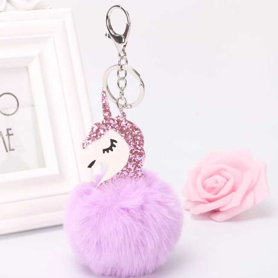 

Hot Fluffy Unicorn Pony Keychain Pendant Cute Pompom Artificial Rabbit Fur Key Chain Bag Car Key Ring Hang Bag Jewelry