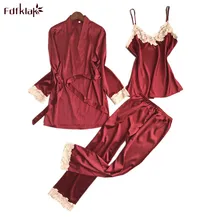 Fdfklak сексуальные шелковые пижамы для женщин 3 шт пижамный комплект дамы пижамы Халаты Повседневная Пижама с кружевами Костюм Пижама Femme