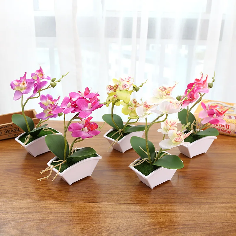 Мини искусственная Орхидея, бабочка цветок в горшках бонсай с горшком зеленое растение для свадьбы, дома, вечерние украшения стола