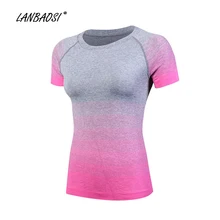 LANBAOSI быстросохнущая Беговая футболка для женщин с коротким рукавом градиентного цвета, тонкая, пригодная для пробежки тренировки, фитнеса, спортзала, спортивные футболки, топы
