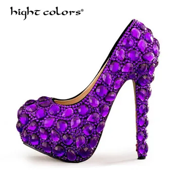 

Big Size 34~43 Spring 2019 Autumn Women Pumps Sexy Purple 14CM/11CM/8CM High Heels Luxury Rhinestone Wedding Party Shoes H-805