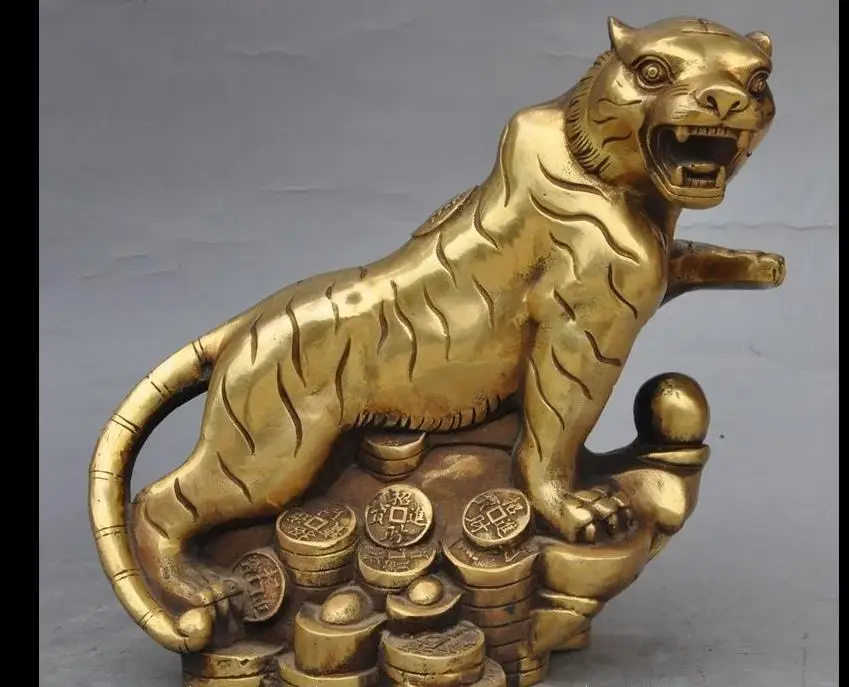 

671115667++8"mark china brass fengshui animal zodiac tiger yuanbao wealth money coin statue