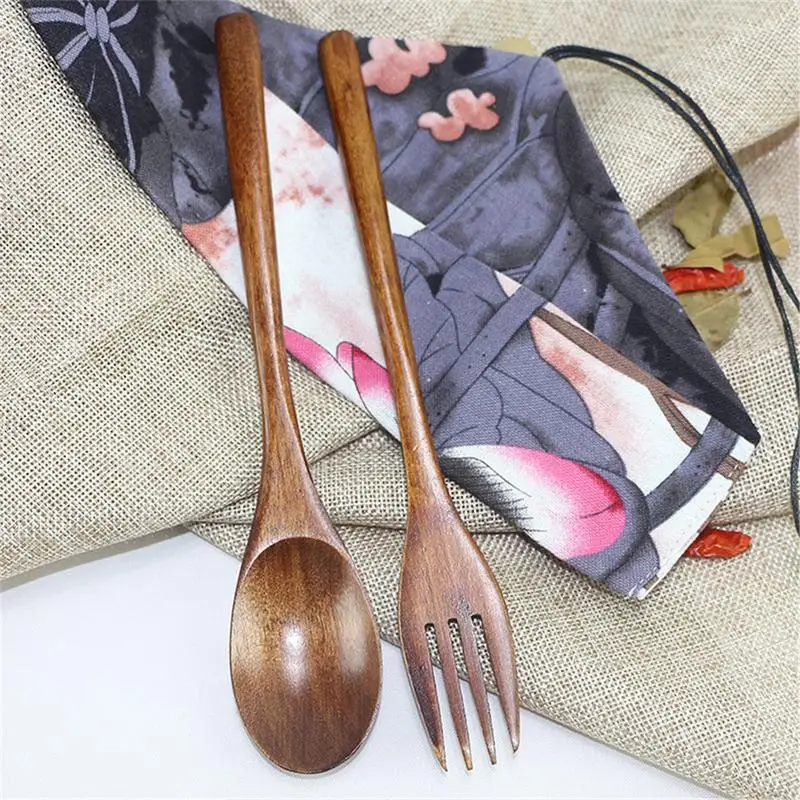 

Japanese Style Wooden Tableware Spoon Fork Set Portable Kitchen Dinnerware Set Long Handle Soup Spoon Dinner Salad Fork Utensils