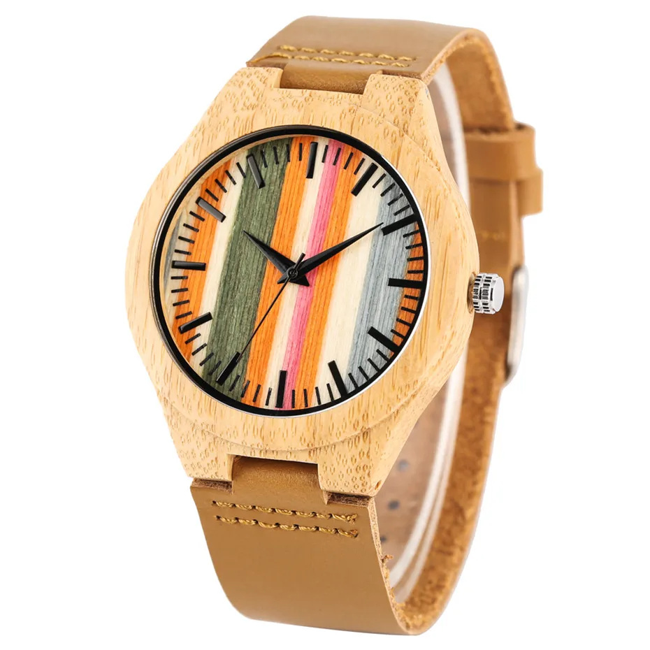 

Wood Watch Men's Genuine Leather Wristwatch Stylish Wooden Man Clock Colorful Stripes Scale Dial Mens Watches Top Luxury Gifts