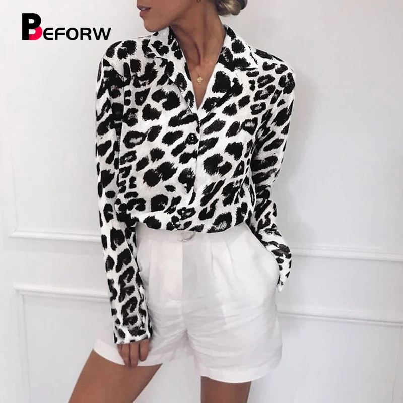 BEFORW Women Basic Leopard Print Chiffon Blouse Shirt Long