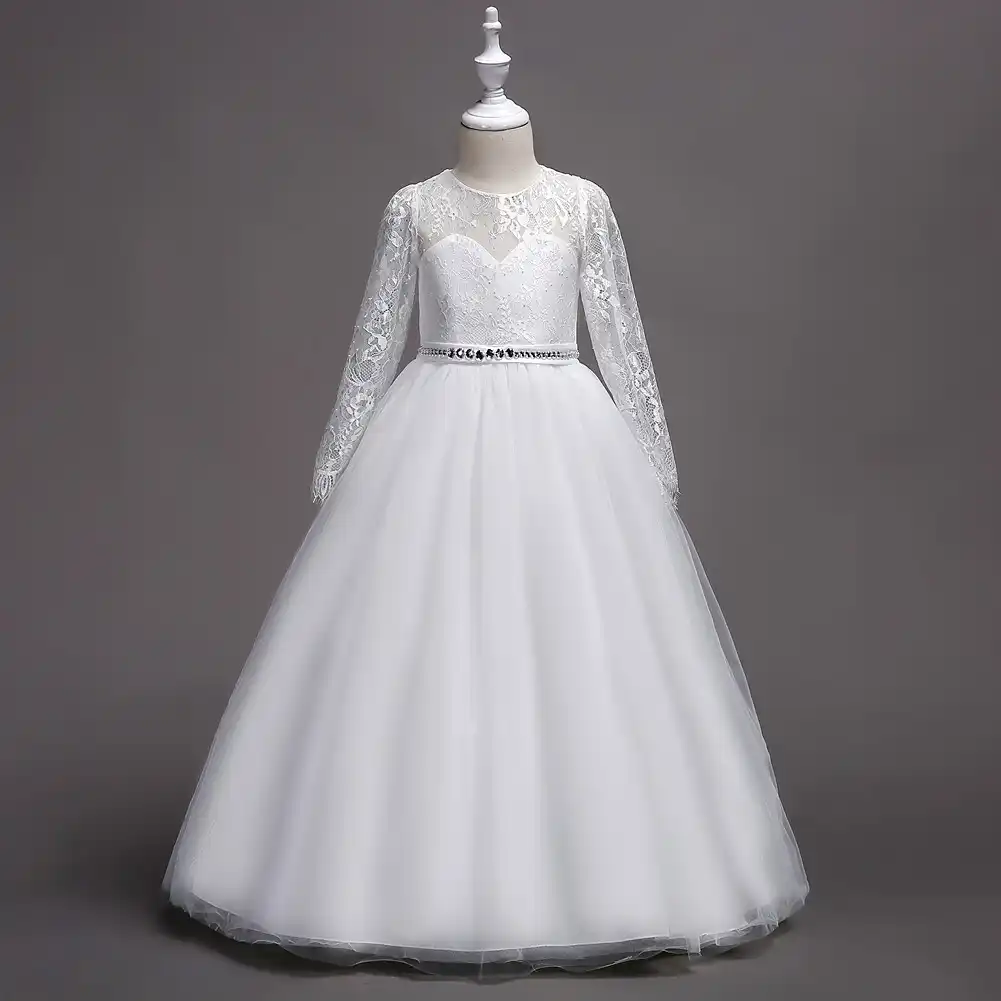 Long Sleeve Kids Birthday Party Wedding Ball Gown Lace Red Blue Age 5 6 7 8 9 10 11 12 13 14 Years Girls Formal Christmas Dress