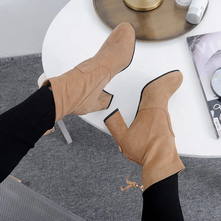 

Big Size 11 12 13 14 15 Ma'am Coarse heel Short boots Pure color Back zipper Fashion boot barrel Suede high-heeled boots