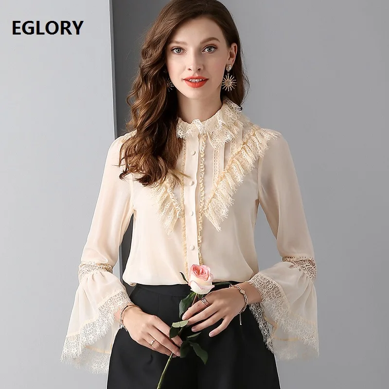 

High Quality Runway Blouses 2019 Summer Fashion Office Blouse Shirt Women Lace Patchwork Flare Sleeve Vintage Tops Shirt Female