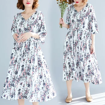 

AreMoMuWha 2019 Summer New Style Loose Large Size V-neck Sleeve Dress High Waist Tie Large Floral Dress Long Dress Female QX999