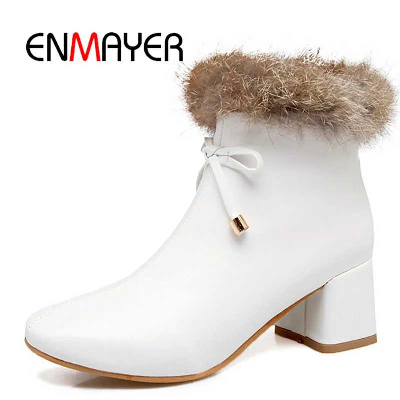 

ENMAYER New style women faux fur zip ankle boots lady square toe square heel high heel boots Big size 34-43 ZYL302