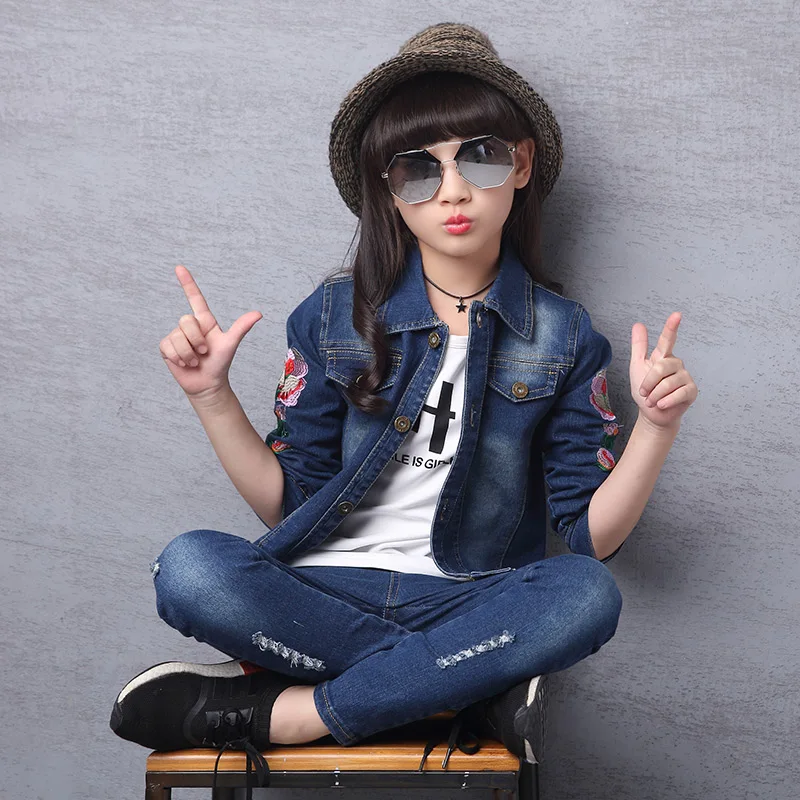 

Girls Autumn Clothes For Kids 2018 Children Clothing Set Toddler Girl Denim Jackets + Pant Jeans 2pcs Sports Suit Teenage 10 12
