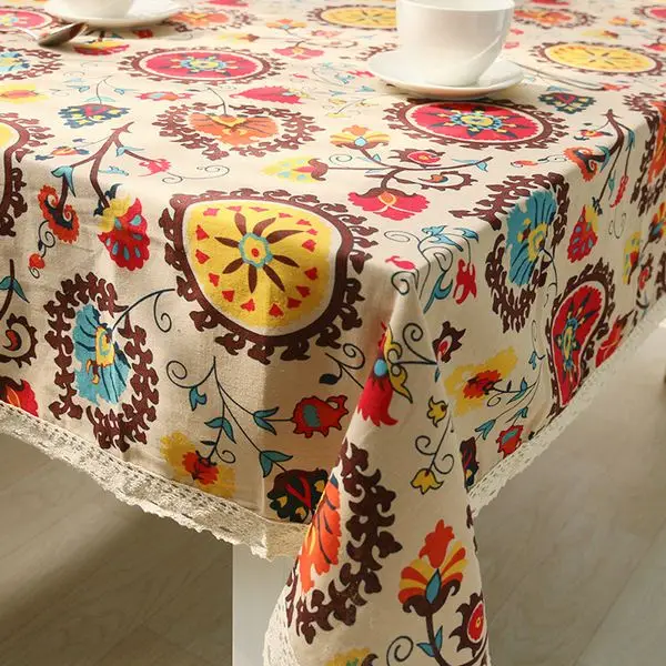 Ethnic Bohemia Style Table Cloth with Lace Cotton Sunflower Print