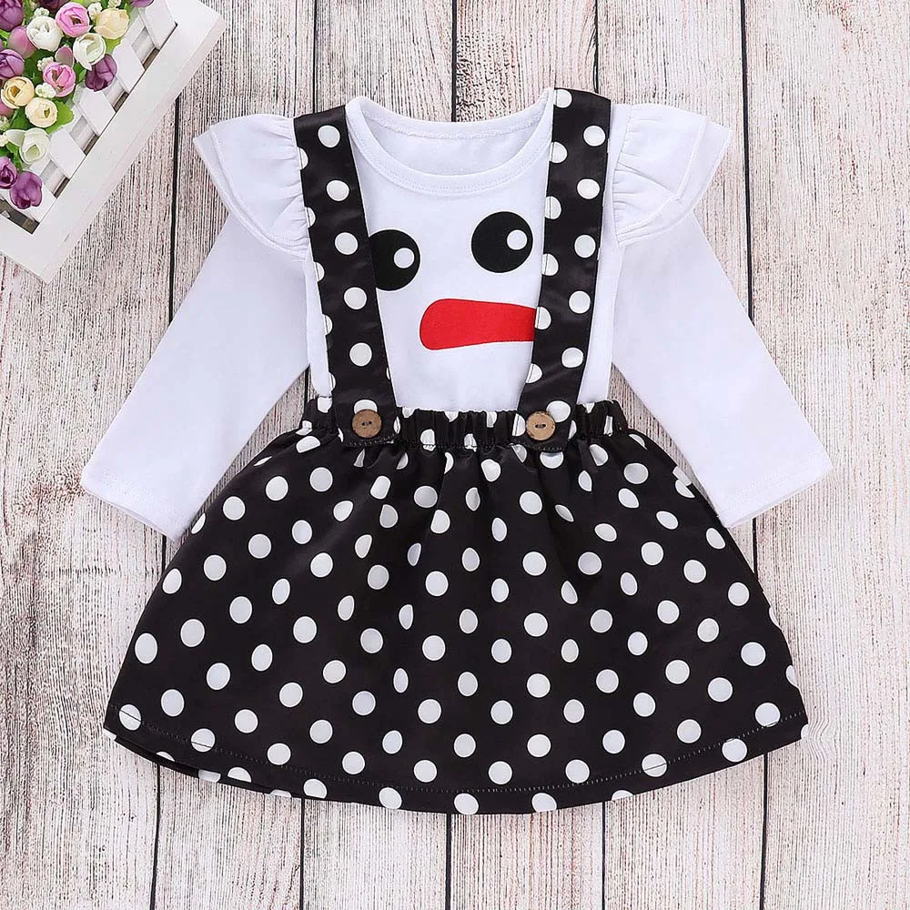 

Infant Baby Girls Christmas Clothes Set XMAS Snowman Dot Tops Long Sleeve T-shirt Strap Skirt 2Pcs Toddler Kid Cotton Outfit Set
