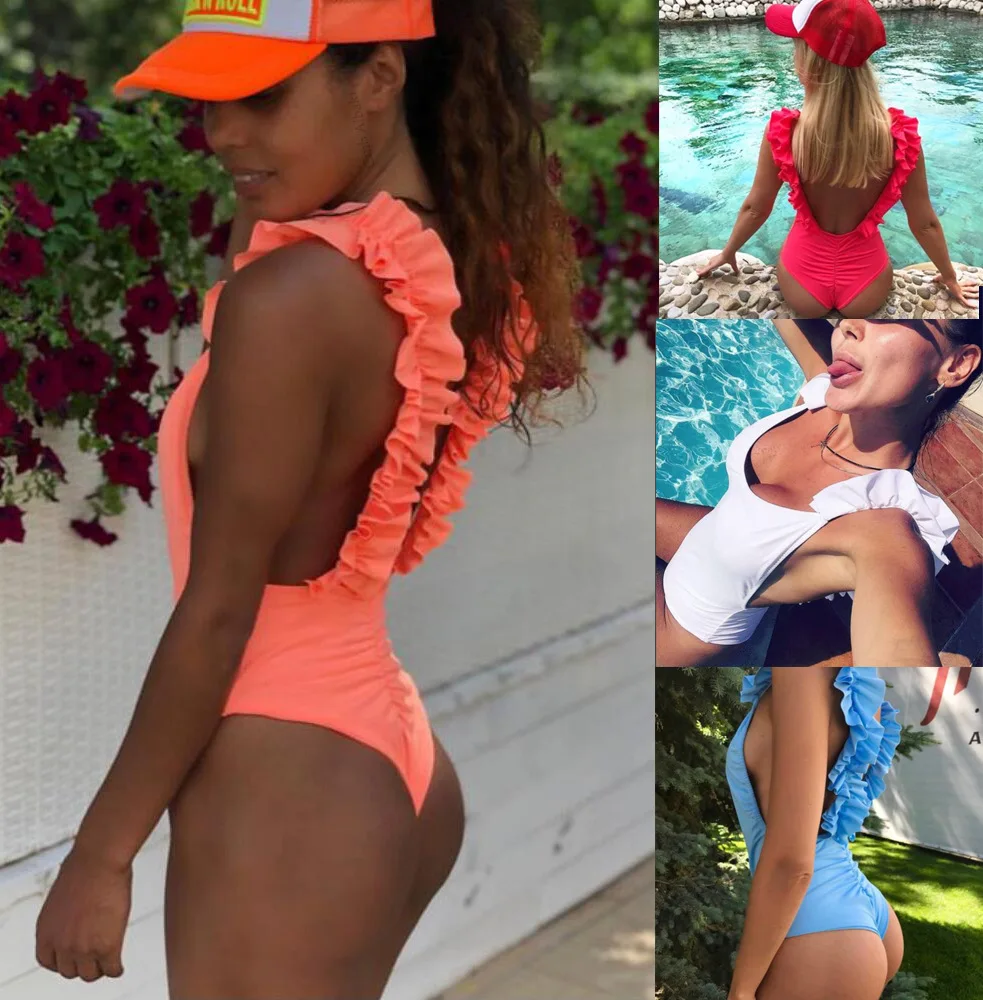 

Women Sexy Female Retro Swimsuit One Piece Ruffled Push Up Padded High Waist Swimwear