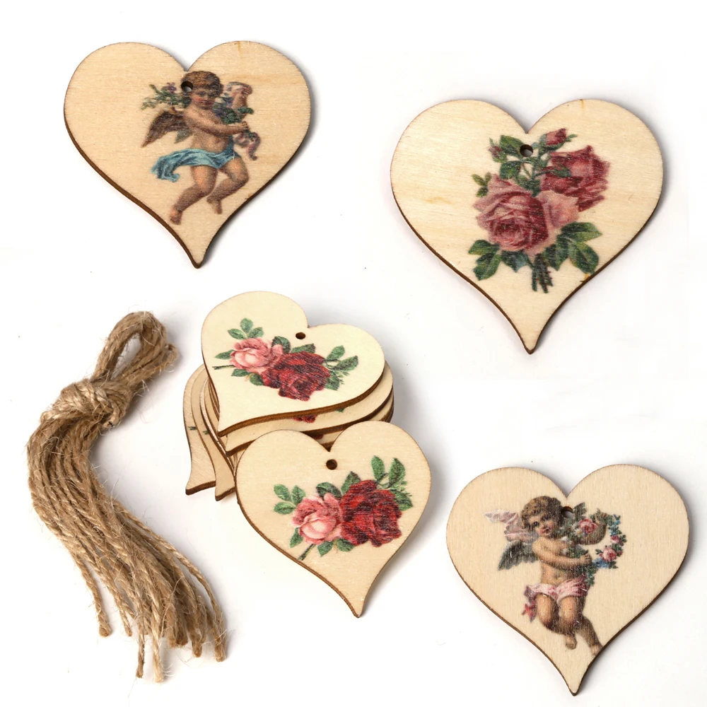 

10pcs/set Angel Rose Flower Printed Hanging Pendant Laser Cut Wooden Slice Ornament Wood DIY Crafts Home Decoration