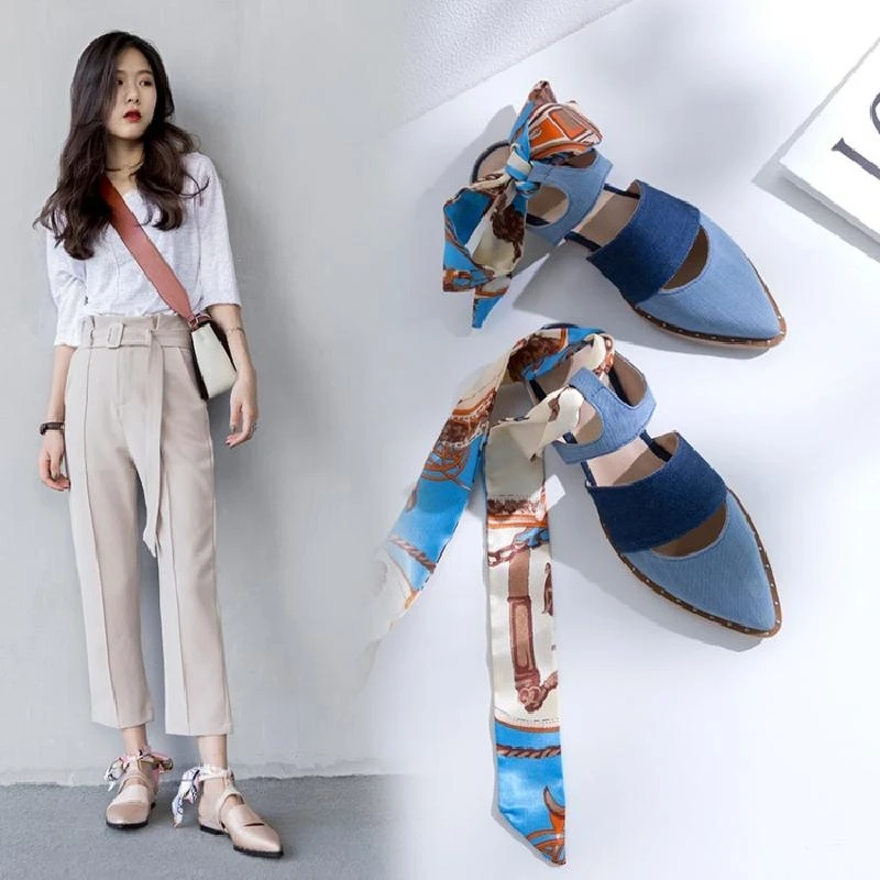 

Women Pointed Toe Scarf Tie Satin Flats Slingback Sandals Shoes Print Floral Slipper Bowknot Real Leather 3Colors Plus Size A816