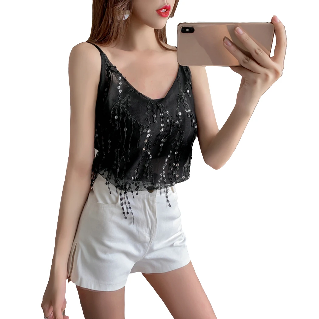 Sexy V Neck Sleeveless Camis Tops Women Spaghetti Strap Solid Vest Summer Ladies Sequined Slim Tops Feminina Camisole Top - Цвет: Black