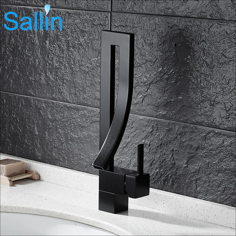 Sallin Black Brass Basin Faucet Single Handle Waterfall Basin Mixer Tap Hot And Cold Bathroom Faucet
