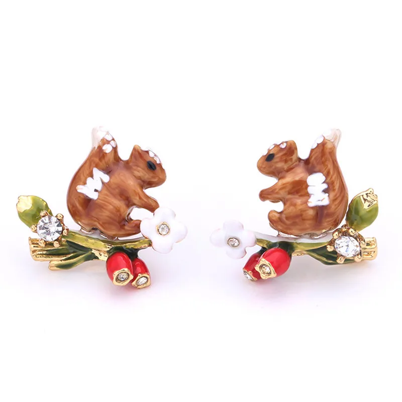 

French Jewelry Paris Enamel Glaze Cute Squirrel Series Squirrel Mushrooms Flower Gem Women Earrings