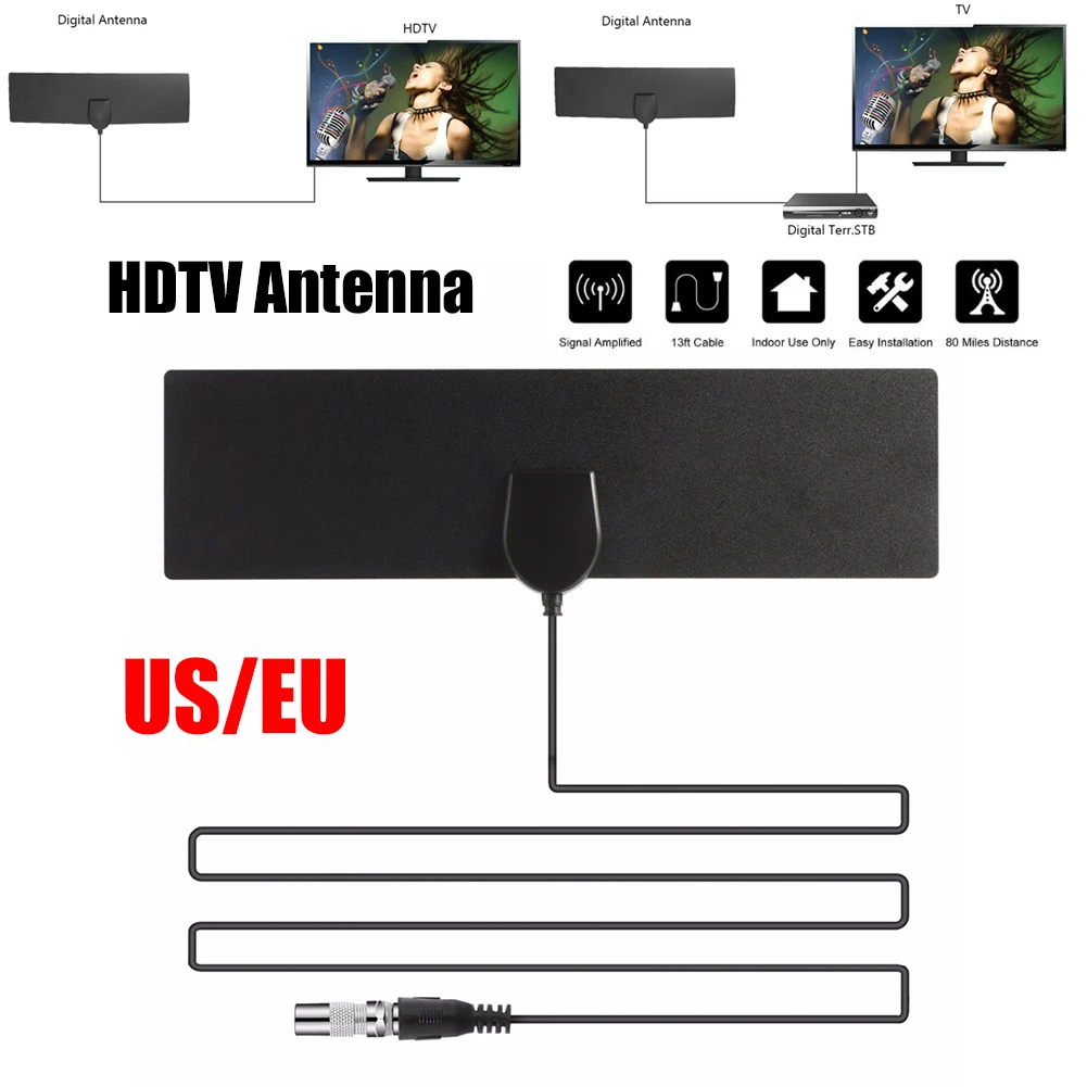 Плоский комнатный усилитель сигнала HD цифровая ТВ антенна TV диапазон 50 миль VHF UHF