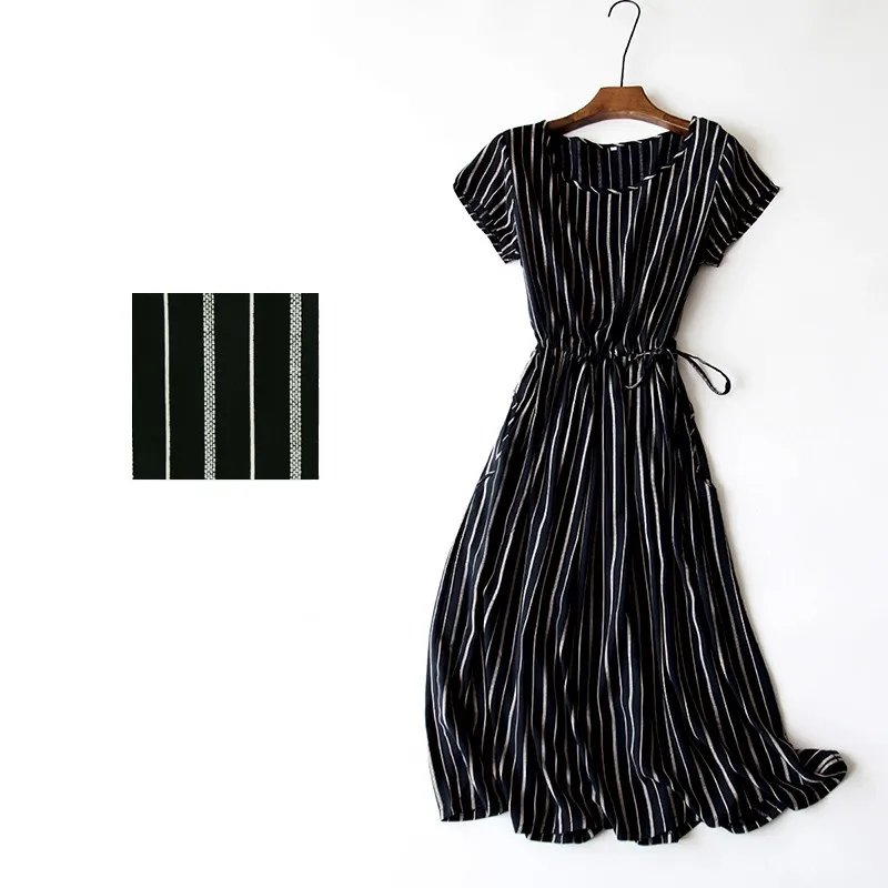 

XL-XXXL-casual striped Soft Cool cotton o-neck short sleeve Elastic waist dress 2019 summer